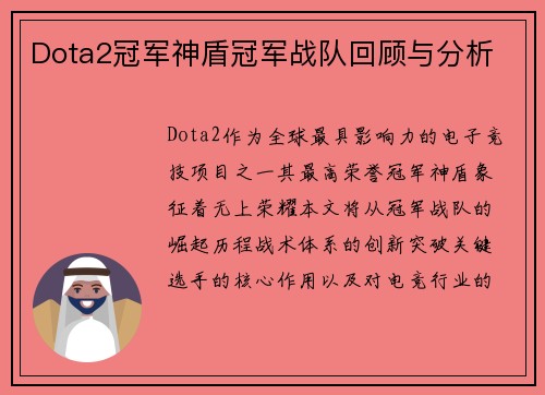 Dota2冠军神盾冠军战队回顾与分析